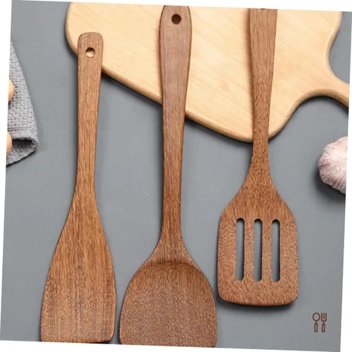 Vista 8 de 3 Uds Práctica Cuchara de Madera Cocinar Esquina Raspador Mango Largo Cuchara de Sopa Cuchara de Servir Comida Cuchara de Cocina Mango Largo Pala