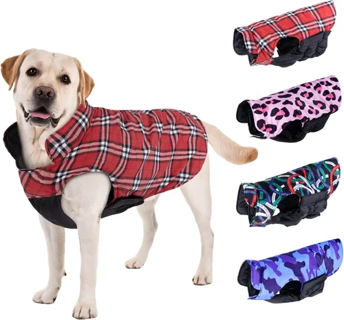 Vista 19 de CuteBone Abrigo de invierno para perro, chaleco reversible impermeable y resistente al viento, chaqueta gruesa ajustable para clima frío con agujero