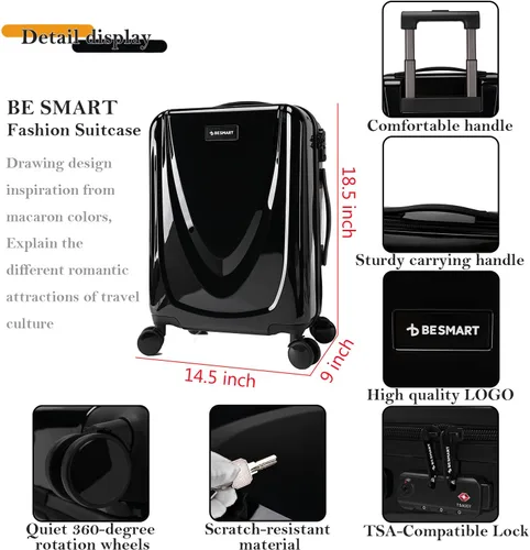 Vista 4 de BE SMART Equipaje de 20 pulgadas (para embarque) con rueda silenciosa giratoria, estuche de transporte integrado de PC+ABS y TSA, maleta pequeña