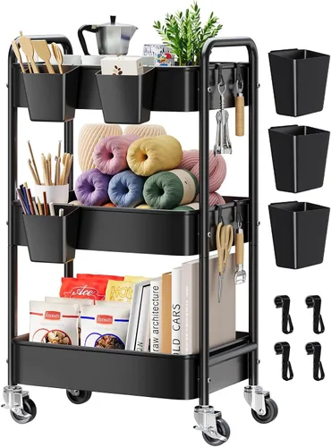 Vista 19 de Carrito pequeño de 2 niveles beige con ruedas, carrito de pañales para artículos esenciales para el cuarto de bebé, carrito de metal para debajo