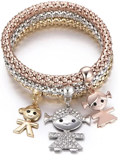 Vista 6 de Pulseras multicapa con dijes de cristal, 3 unidades, oro y plata, oro rosa, pulsera elástica en forma de corazón para mujer, árbol de la vida