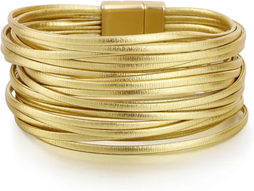 Vista 19 de Edoneery - Pulsera envolvente de cuero para mujer, brazalete de puño de múltiples capas hecho a mano estilo bohemio con cuentas de cristal