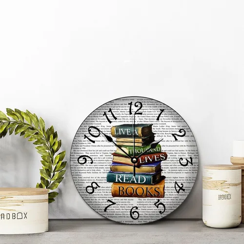 Vista 6 de Doffed - Reloj de pared para biblioteca, estilo vintage, de madera rústica, 10, silencioso, sin tictac, de cuarzo, funciona con pilas, para sala