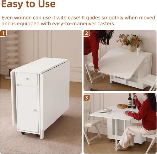 Vista 9 de COMUHOME Mesa de comedor plegable con almacenamiento para espacios pequeños Diseño plegable, 4 ruedas, 2 cajones y gabinete, madera contrachapada