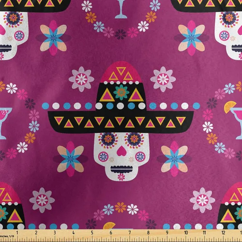 Vista 146 de Ambesonne The Yard, tela de calavera colorida con temática de Halloween, diseño de calavera y huesos cruzados, divertido estampado de dibujos