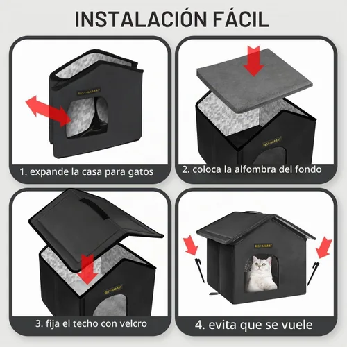 Vista 7 de Rest-Eazzzy Casa para gatos al aire libre, resistente a la intemperie y aislada, con alfombrilla y toldo, fácil de poner, refugio para gatos Negro