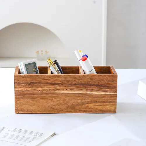 Vista 3 de Soporte para lápices de madera para escritorio, soporte para control remoto, organizador de almacenamiento de escritorio con 3 compartimentos Acacia