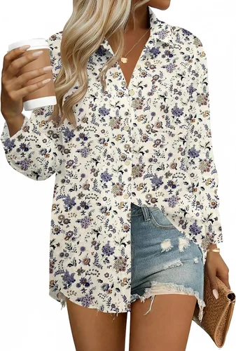 Vista 14 de HOTOUCH Camisas de manga larga con botones para mujer, blusas de lino y algodón, casuales, con cuello holgado, de gasa con bolsillo