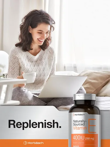 Vista 6 de Horbäach Suplemento de vitamina E 400 UI (268 mg) 300 cápsulas de cápsulas blandas D-alfa tocoferol Fórmula sin OMG y sin gluten