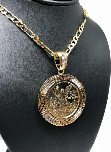 Vista 7 de Fran & Co. Moneda chapada en oro Centenario Mexicano Moneda 50 Pesos Cadena Colgante CZ Oro Cadena 26", Metal