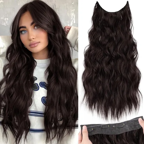 Vista 26 de KooKaStyle - Extensiones de cabello con hilo invisible, diadema transparente, ajustables, 4 clips fijadores, cabello largo y ondulado de 12