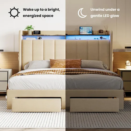 Vista 7 de SHA CERLIN Base de cama de plataforma de tamaño matrimonial con cabecera de canal vertical copetuda y 2 cajones de almacenamiento, estantes de 2