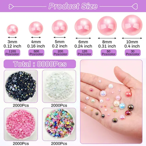 Vista 3 de cridoz - 8000 perlas de parte trasera plana para manualidades, varios tamaños, cuentas de perlas semicirculares, diamantes de imitación para uñas