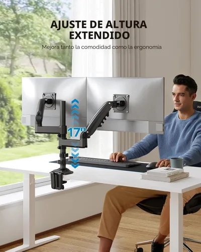 Vista 6 de HUANUO Soporte de monitor dual de 17 a 32 pulgadas, soporte vertical para monitor doble, soporte para monitor 2 monitores, inclinación