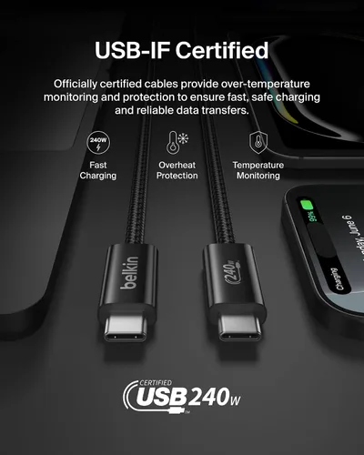 Vista 4 de Belkin Cable trenzado USB C a USB C de 240 W, cable de carga rápida para Negro