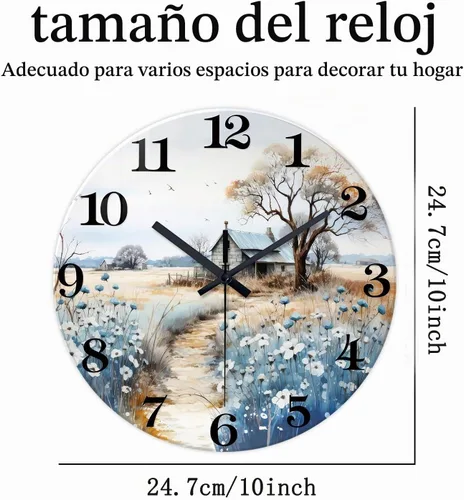 Vista 3 de XNM Reloj de pared redondo para cocina, funciona con pilas, reloj de pared rústico de 10 pulgadas con flores azules, reloj de pared silencioso