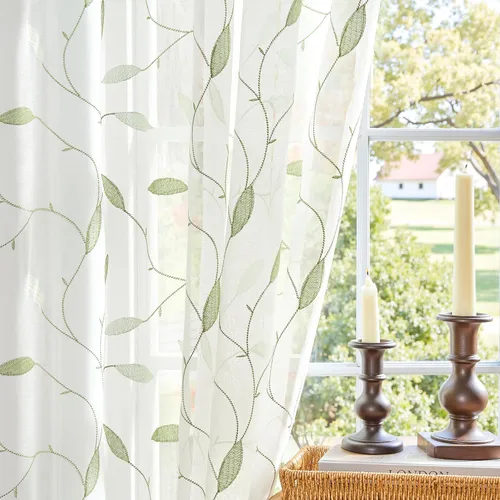Vista 10 de Cortinas transparentes para sala de estar, cortina con ojales, parte superior de hojas bordadas, cortinas semi transparentes, 2 paneles de 63