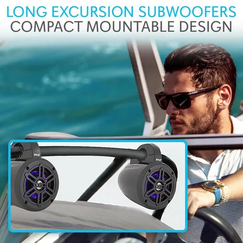 Vista 7 de Pyle Altavoces de torre de wakeboard marinos impermeables – Juego de altavoces de subwoofer dual de 4 pulgadas con luces LED y Bluetooth