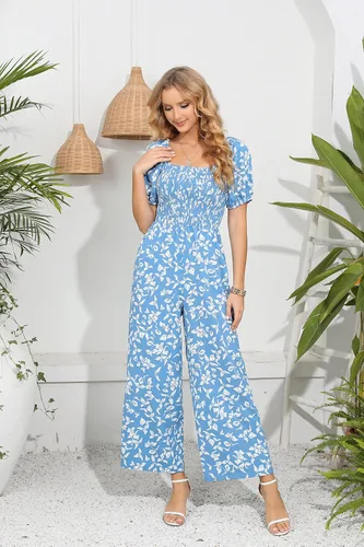 Vista 6 de Love Welove Fashion - Enterizo de verano para mujer, diseño floral, elegante, casual, holgado, pierna ancha, manga corta, de una pieza