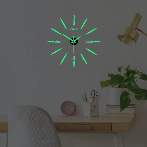 Vista 4 de Reloj de pared luminoso 3D DIY, moderno, autoadhesivo, sin marco, grandes calcomanías de reloj de pared que brillan en la oscuridad para sala