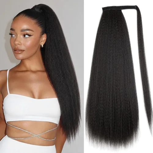 Vista 13 de WIGNEE Extensión de cola de caballo larga rizada recta y envolvente, extensión de cola de caballo Yaki negro natural para mujeres negras, Marrón