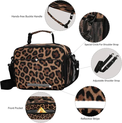 Vista 4 de Fiambrera aislada, suave, bolsa de almuerzo con estampado de leopardo para oficina, trabajo, escuela, picnic, playa