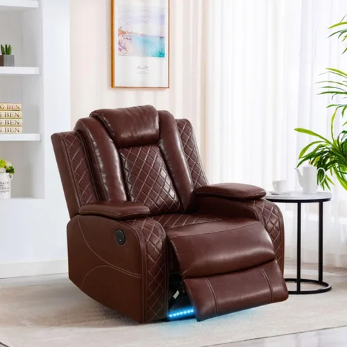 Vista 22 de Silla reclinable eléctrica, sofá biplaza, sofá para sala de estar, cómodo asiento de cuero transpirable para cine en casa con puertos de carga USB