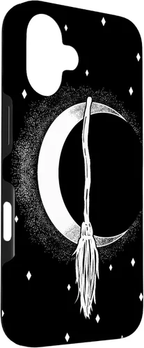 Vista 3 de Funda para iPhone 16 con diseño de luna creciente, escoba de bruja, vintage, Halloween, niñas y mujeres