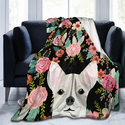 Vista 7 de HAZIMCS Manta de franela de felpa de forro polar, diseño floral de bulldog francés, lindo regalo para mascotas, razas de perro, para sillón