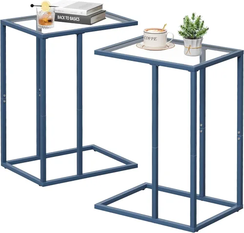 Vista 16 de Mesa auxiliar de cristal en C, mesa auxiliar para sofá, mesa auxiliar de vidrio templado con marco de metal, mesa de bandeja de TV para espacio Negro