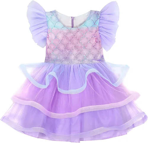 Vista 4 de Eledobby Vestido de princesa de sirena para niñas, disfraz de Halloween, cumpleaños, elegante, fiesta, cosplay, ropa con accesorios