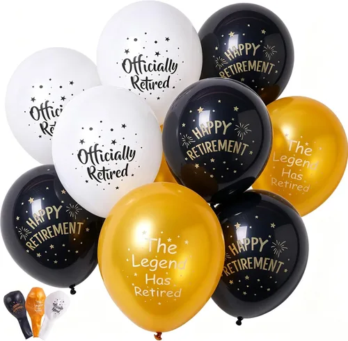 Vista 8 de SUNBEAUTY 18 globos de látex de jubilación con patrón de 12 pulgadas, globos de látex de jubilación en blanco y negro para hombres y mujeres Globos