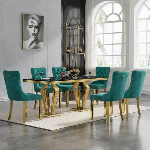 Vista 44 de HomVent - Juego de mesa de comedor de mármol sintético de 68 pulgadas con 4 sillas de terciopelo para cocina Modern Rectangular Faux Marble