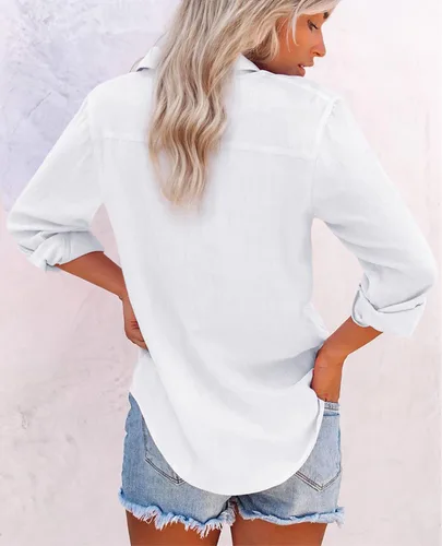Vista 2 de Camisas de algodón con botones, para mujer, camisas de vestir Oxford, camisas de trabajo de manga larga, blusas con cuello y bolsillo