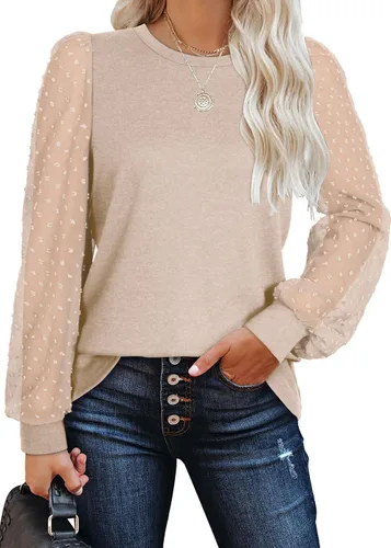 Vista 7 de WIHOLL Camisas de manga larga para mujer, túnica de otoño, ropa de cuello redondo a la moda A-caramelo naranja