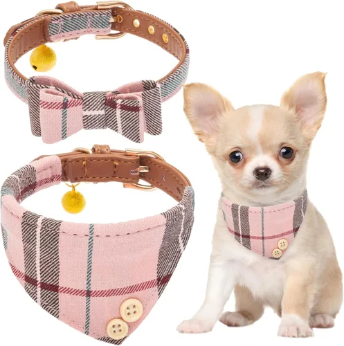 Vista 9 de EXPAWLORER Juego de collar y correa para cachorros, collar clásico a cuadros para perros pequeños con corbatín, bonito juego de collar y correa