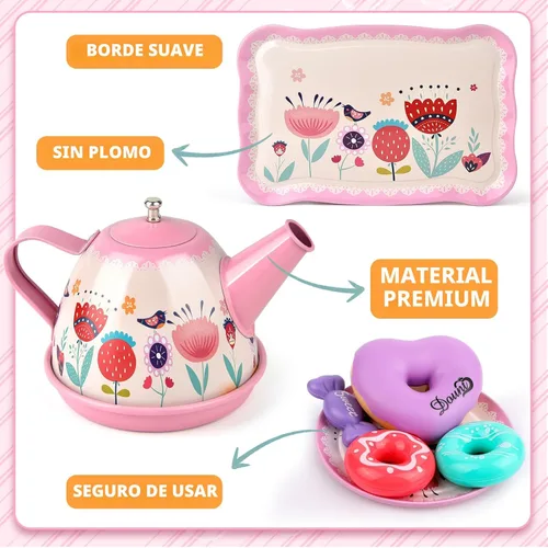 Vista 4 de Juego de fiesta de té para niñas pequeñas, juegos de té de flores, juguetes para niñas de 3, 4, 5, 6 años, juguetes de cocina para niños pequeños