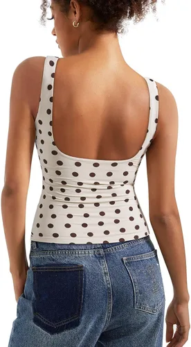 Vista 7 de SUUKSESS Camisetas sin mangas con respaldo abierto y cuello barco acolchado para mujer, con doble forro, camisas básicas Negro (Black Polka Dots)