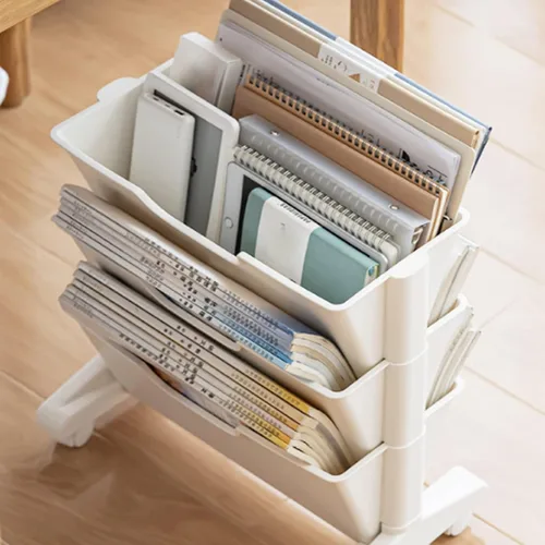 Vista 5 de Estantería móvil de 3 niveles, estantería móvil de 3 capas de capacidad, estantes de almacenamiento debajo del escritorio, organizador de libros