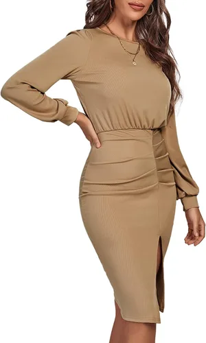 Vista 3 de Rooscier Vestido midi de punto acanalado con cuello redondo y manga larga abombada para mujer
