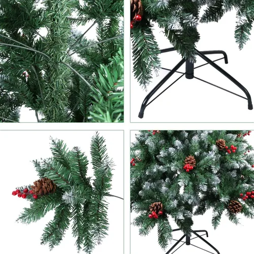 Vista 4 de AGM Árbol de Navidad artificial de 7 pies con soporte de metal plegable, cono de pino y fruta roja, árboles de nieve flocados de 7 pies de alto