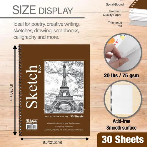 Vista 2 de BAZIC Products 30 cuadernos de bocetos en espiral de 8.5 x 11 pulgadas, para manualidades, escuela, arte