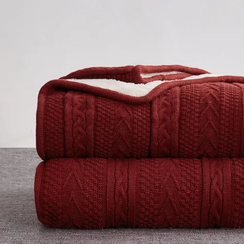 Vista 23 de Longhui bedding - Manta de punto trenzado de acrílico sherpa, gruesa, suave, grande, acogedora, manta de vellón tejida de color rojo vino para sofá
