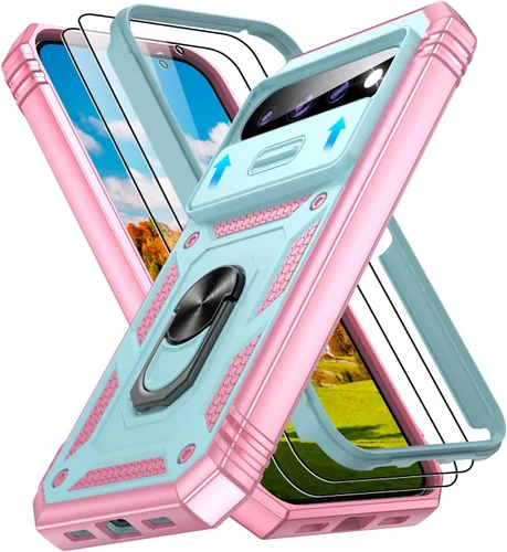 Vista 133 de Gritup Funda para Google Pixel 6 con cubierta deslizante para cámara y protector de pantalla (2 unidades), soporte de anillo giratorio 360°, funda