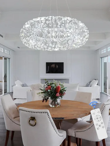 Vista 9 de ykolupty - Candelabro de diente de león dorado de 8 luces para comedor, lámpara colgante Sputnik con control remoto, candelabro de cristal moderno