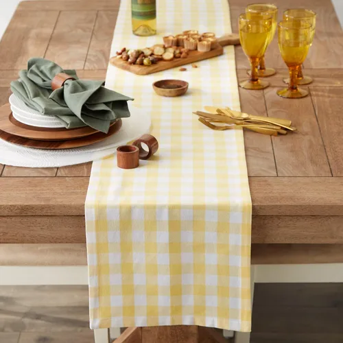 Vista 4 de DII Checkered Tabletop Collection 100% algodón, lavable a máquina, camino de mesa, 14x108, amarillo