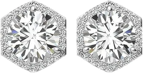 Vista 8 de IGI - Aretes de tuerca de diamantes redondos con halo hexagonal con certificación IGI en oro amarillo blanco de 14 quilates, rosa para mujer