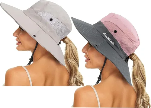 Vista 11 de Sombrero de sol de verano para mujer, cola de caballo, protección UV, ala ancha, plegable, sombrero Beige