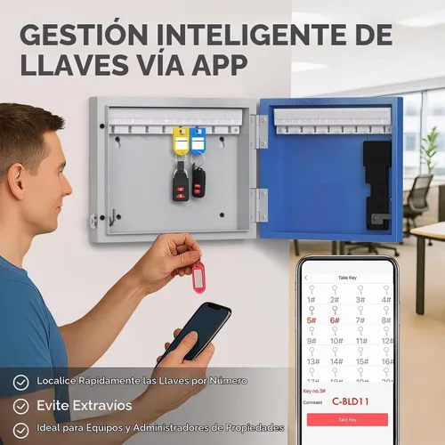 Vista 6 de WeHere Caja de Seguridad para 16 Llaves de Montaje en Pared, Gabinete Inteligente para Llaves con Etiquetas para Llaves, Control de Aplicación