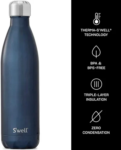 Vista 3 de S'well Botella de agua de acero inoxidable con asa de viaje, 17 onzas líquidas, gamuza azul, recipientes aislados al vacío de triple capa que